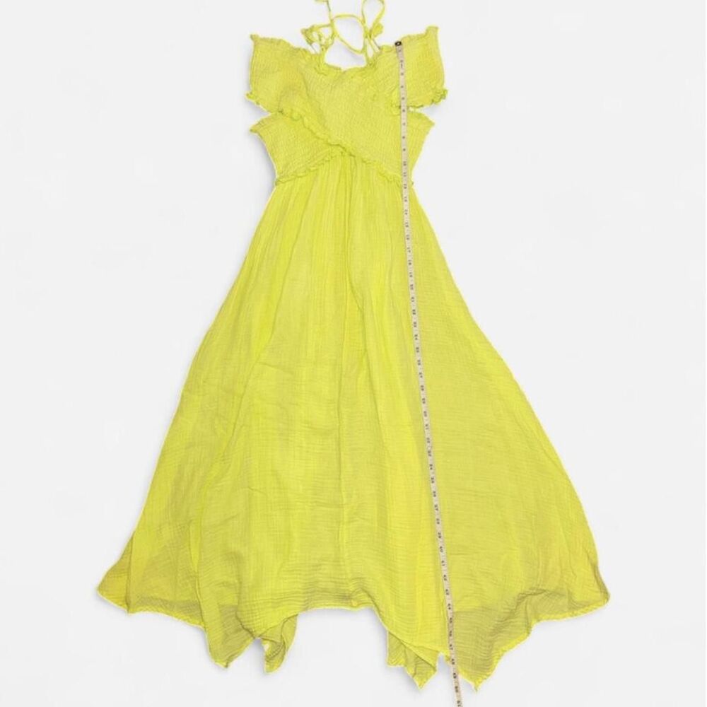Anthropologie Smocked Gauze Criss Cross Asymmetrical Midi Dress in Lime Green - Picture 6 of 8